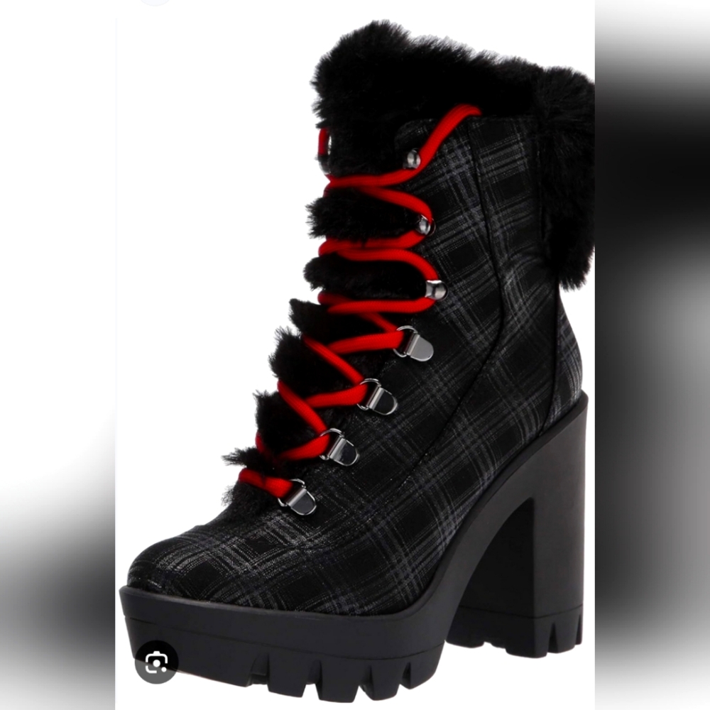 JESSICA SIMPSON MIKAH BLACK TONAL SHIMMER PLAID FUR BOOTS SZ 7 NEW